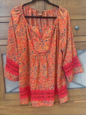 Multiples Orange and Red Paisley Tunic with Crochet Accents